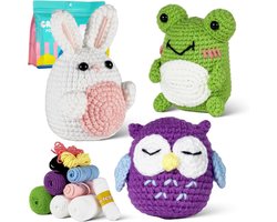 Haakpakket voor Beginners: Eenvoudig Haken Leren met Dieren (Kikker, Uil, Konijn) - Inclus