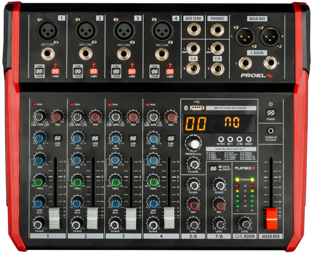 Proel PLAYMIX8 8-kanaals mixer met DSP, USB en Bluetooth