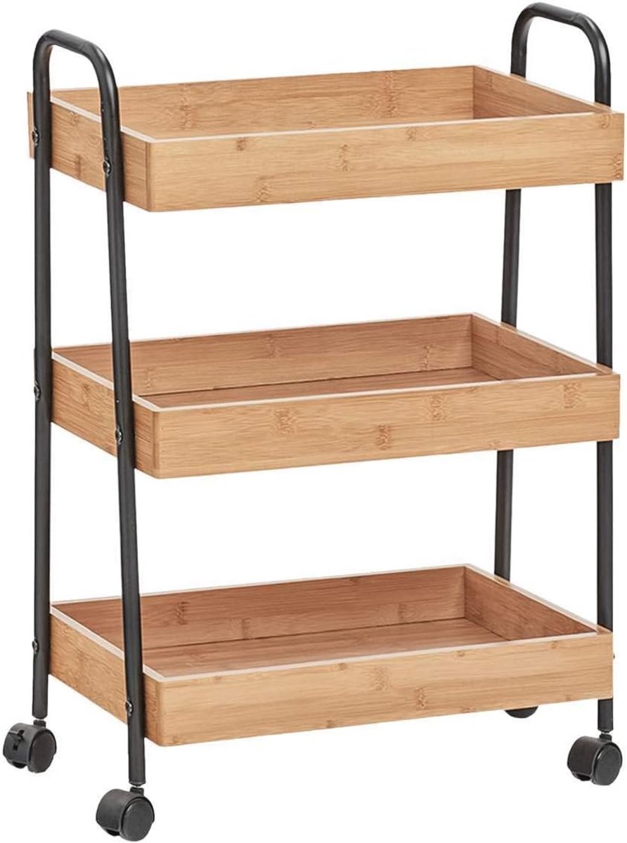 Keukenwagen met Wielen en 3 Niveaus Bamboe en Metaal