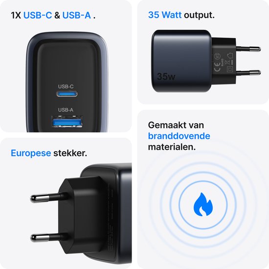 Zwarte 35W oplader met 1x USB-C en 1x USB-A poort. Europese stekker, gemaakt van brandwerende materialen.