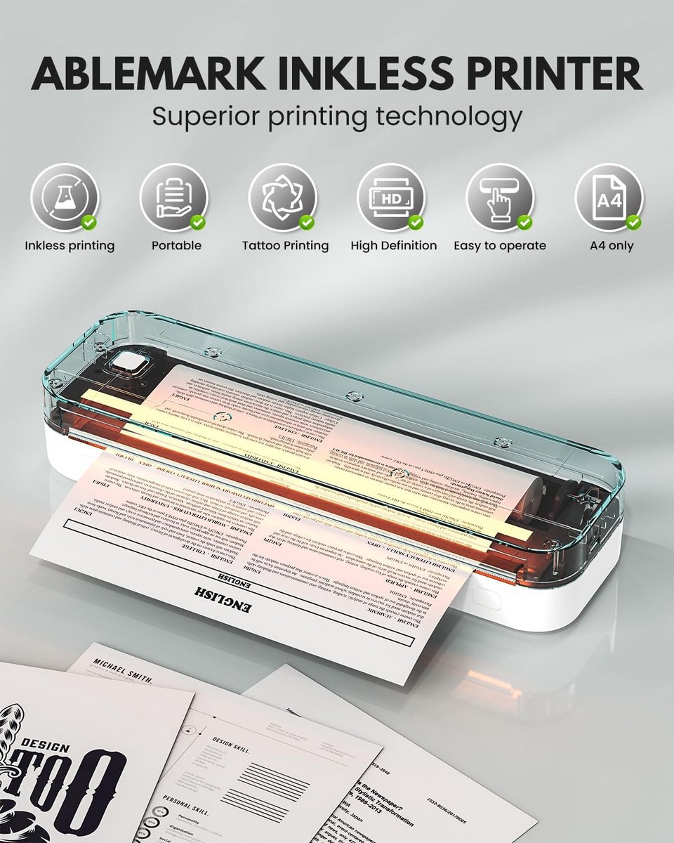 Draagbare A4 Thermische Printer - Draadloos Printen Zonder Inkt
