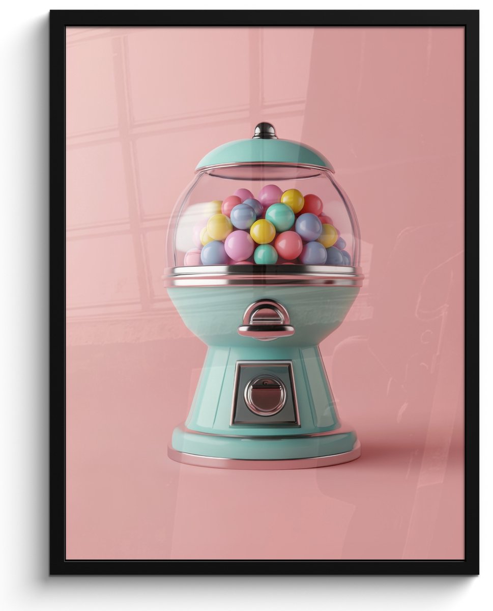 FrameYourWall Poster in lijst - Fotolijst 50x70 cm - Posters - Kauwgom - Retro - Snoep - Roze - Posterlijst zwart - Decoratie - Wanddecoratie woonkamer - Muurdecoratie slaapkamer