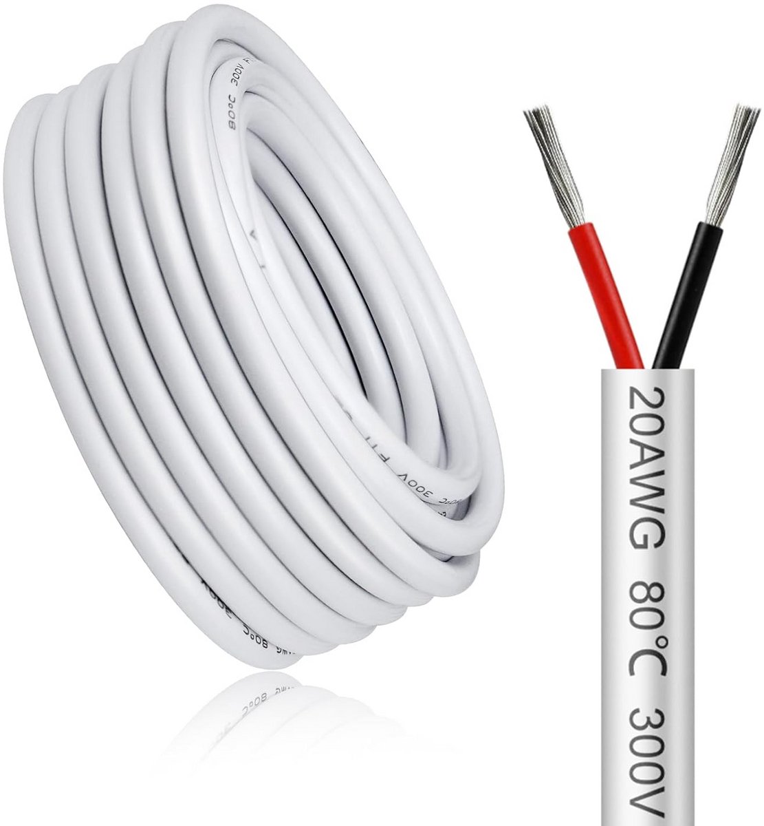 20 Meter 2-aderige Elektrische Kabel 20 AWG - Flexibel Tinnen Koper - Geschikt voor 5V tot 300V - Wit