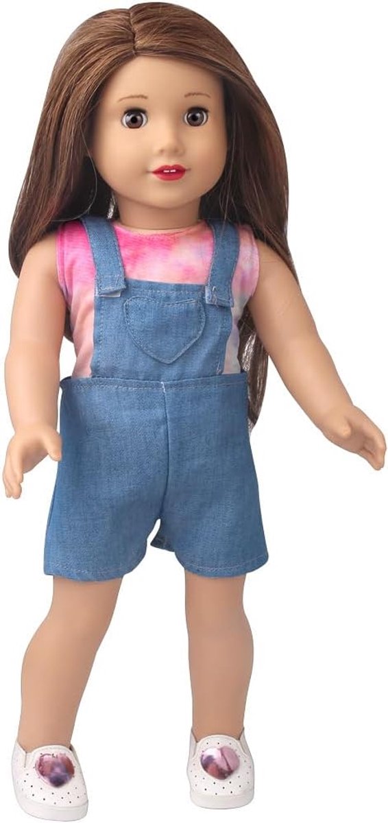Poppenkleding Set - Zomerkleding Jurkjes - Poppen Aankleden - Stijlvolle Overalls - 18 Inch Poppen - Denim Blauw van Merkloos — afbeelding 4