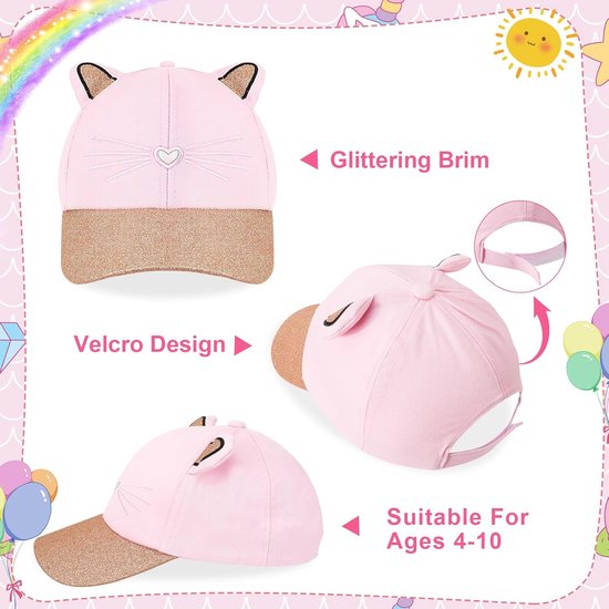 Roze Glitter Kinder Pet met Kattenoren en UV-Beschermende Zonnebril Set — afbeelding 4