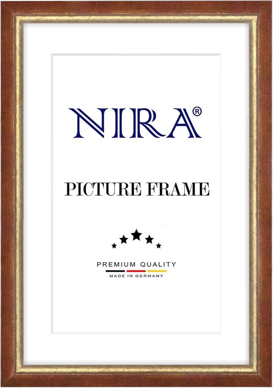 NIRA fotolijst met rode en gouden rand, met de tekst 'PICTURE FRAME' en 'MADE IN GERMANY'.