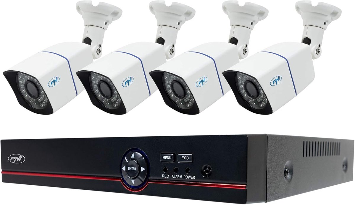 5MP Videobewakingsset met 4 Buiten- en Binnen Camesra's, Gezichtsherkenning en Mensdetectie