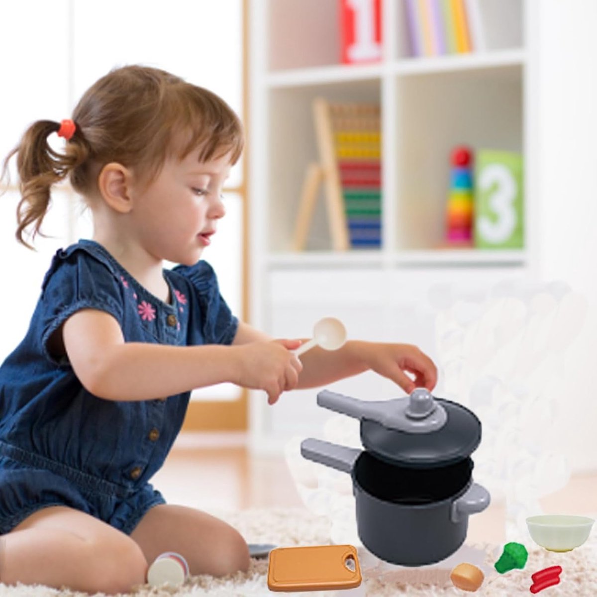 59-delige set speelgoedaccessoires voor kinderen, speelkeuken met BBQ-kookset met potten en pannen, kookgerei, gesneden speelgoedvoedselset, speelgoedgroenten, speelkeuken voor meisjes en jongens (roze) — afbeelding 5