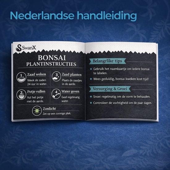 Open boek met bonsai plantinstructies: zaad weken, potje vullen, zaad planten, water geven en zonlicht.