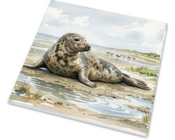 Glanzende Tegel met Grijze Zeehond op Strand bij Waddeneiland Kust met Vogels - "Aquarel Serie" Natuur Wanddecoratie Zeedieren Maritiem Cadeau Dierenliefhebber - Cadeau voor haar: Vrouw, Vriendin & Collega - Interieur Decoratie Accessoire Woonkamer