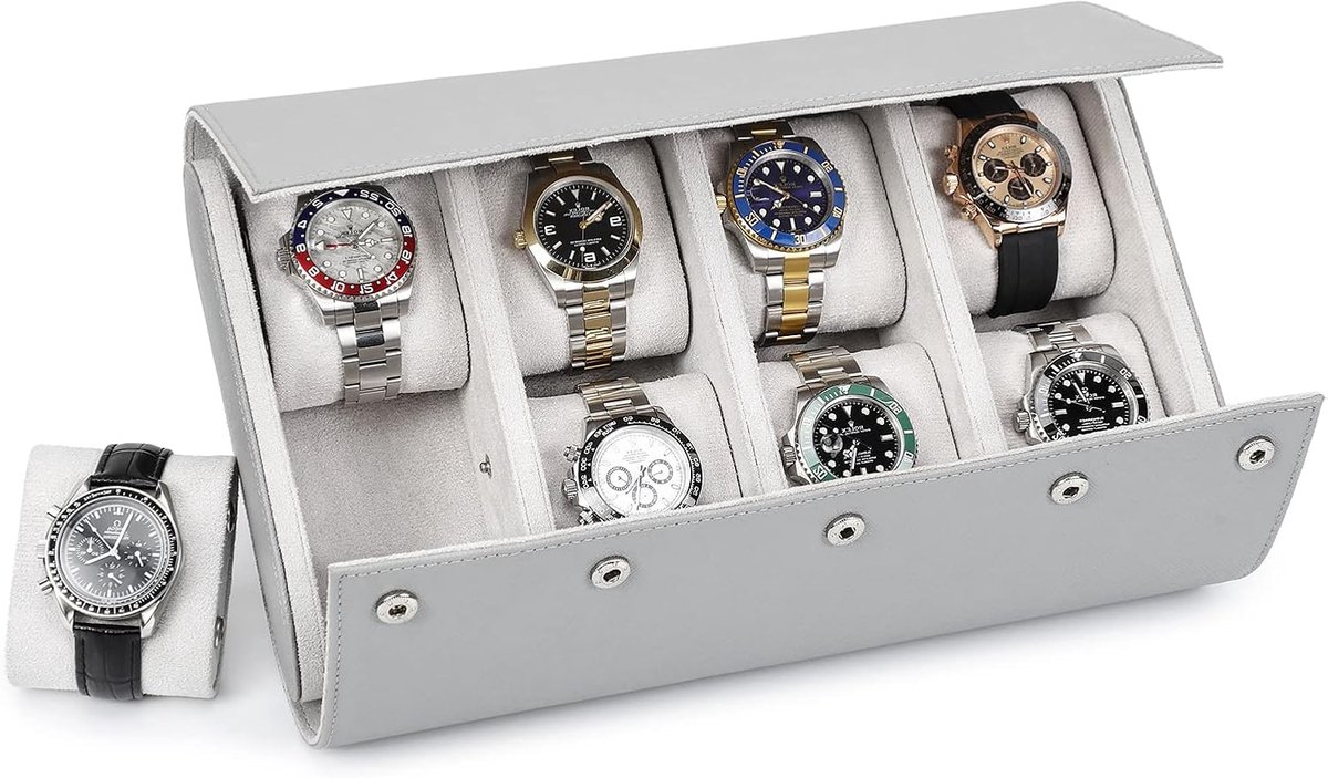 Horloge Opbergdoos - Reis Organizer - Horloges Beschermen - Echt Saffiano Leer - Voor 8 Horloges - Grijs