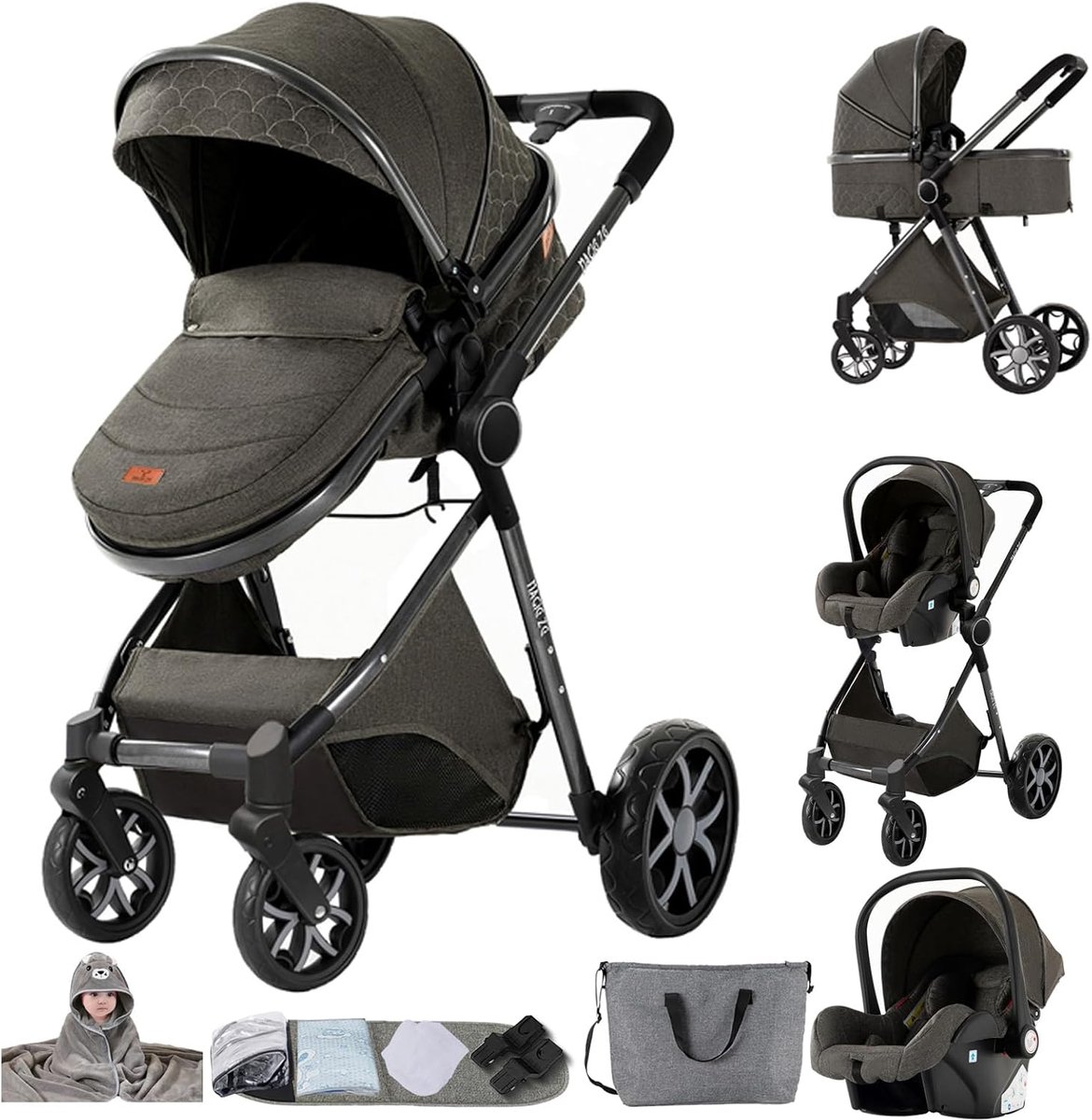 3-in-1 Combi Kinderwagen Reissysteem met Ligfunctie en Inklapbaar Frame