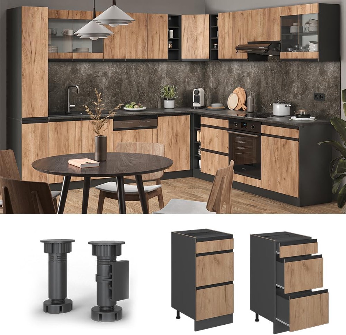 Module Ladekast Keuken 40 cm J-Shape Krachtig Eiken & Antraciet - R-Line Serie