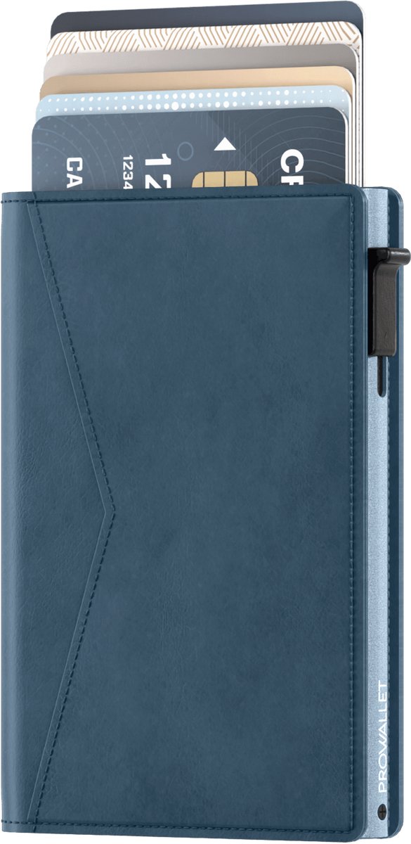 Prowallet Slim - Blauw - Pasjeshouder voor 8 pasjes en briefgeld - Uitschuifbaar - RFID Creditcardhouder - Kaarthouder Portemonnee, Premium Pashouder voor Mannen & Vrouwen - Aluminium, Kunstleer - Incl. Luxe Cadeaubox