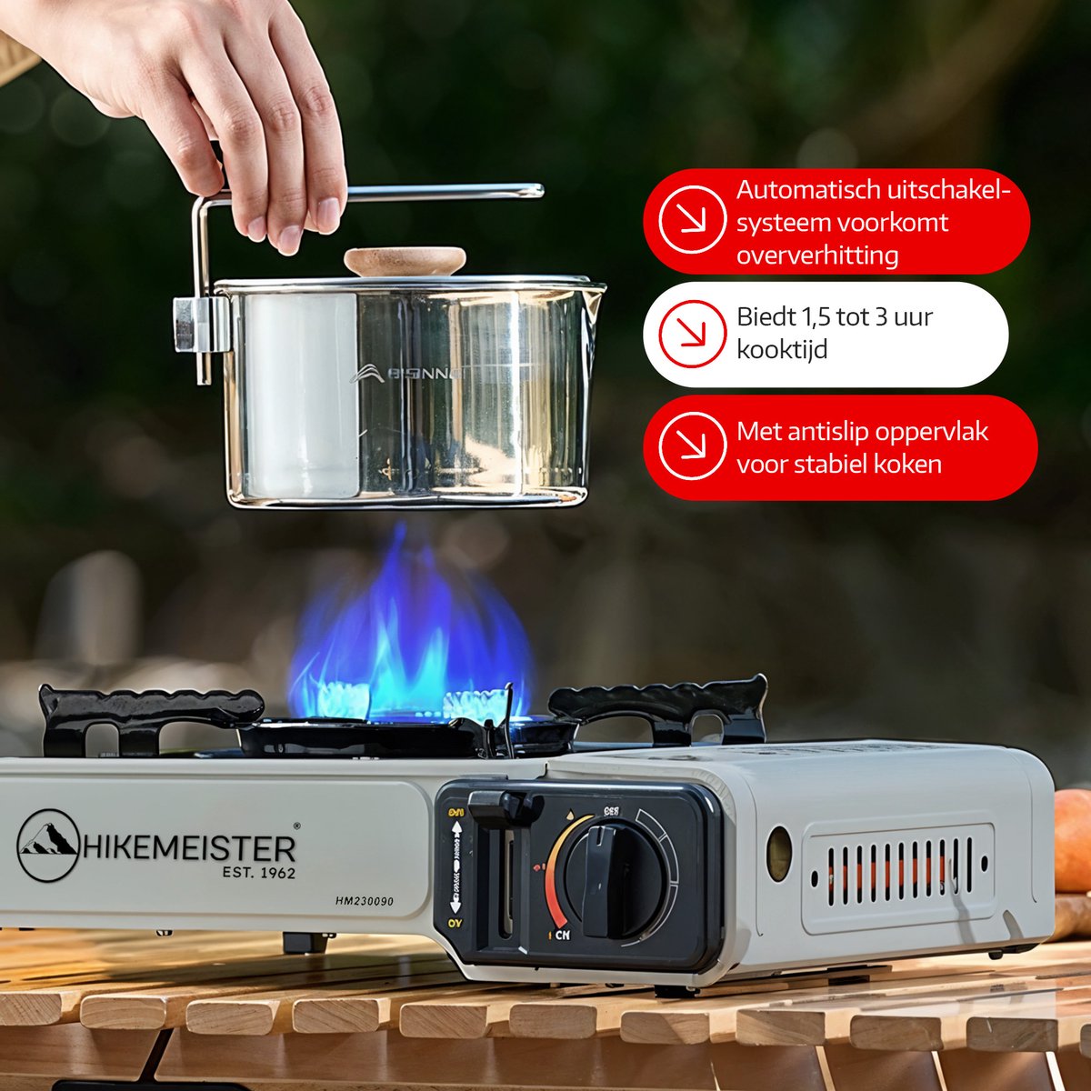 Hikemeister ® camping kooktoestel 1 pit 2200 KW draagbaar – Grijs – Inclusief 8 gasbussen – Butaangas Gasstel Gasfornuis Gaspit - Campingkooktoestel Gas Kookplaat - Met Koffer — cadeau in Sport & Outdoor - foto 7