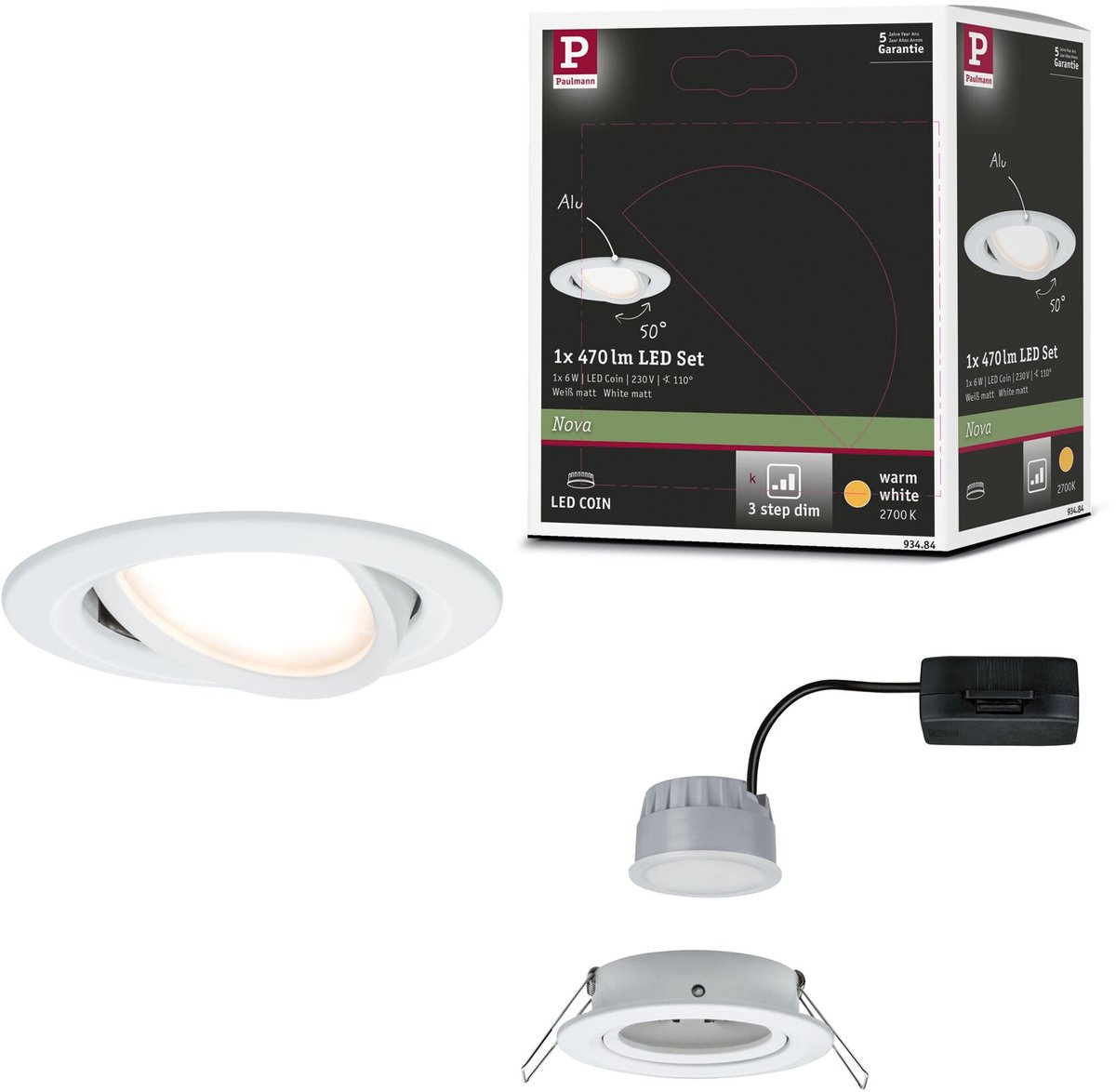 LED-inbouwlamp 3-Step-Dim Nova Coin zwenkbaar rond 84 mm 50° Coin 6W 470lm 230V dimbaar 2700K Wit mat