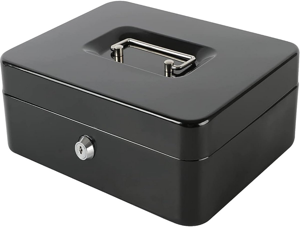 Cash Box met Money Tray en Sleutel - Kleine Lock Box 7.88" x 6.3" x 3.5" - Zwart