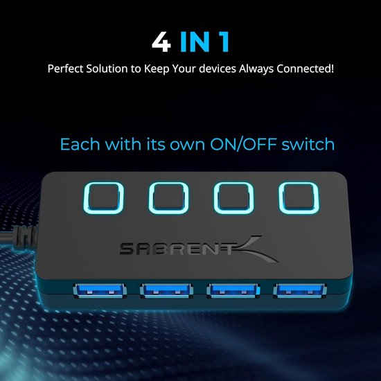 4-poorts USB 3.0 Hub met LED-verlichting en Power Switches — afbeelding 3
