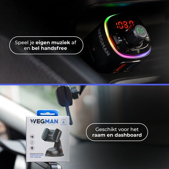 Wegman bluetooth FM transmitter en telefoonhouder met zuignap.