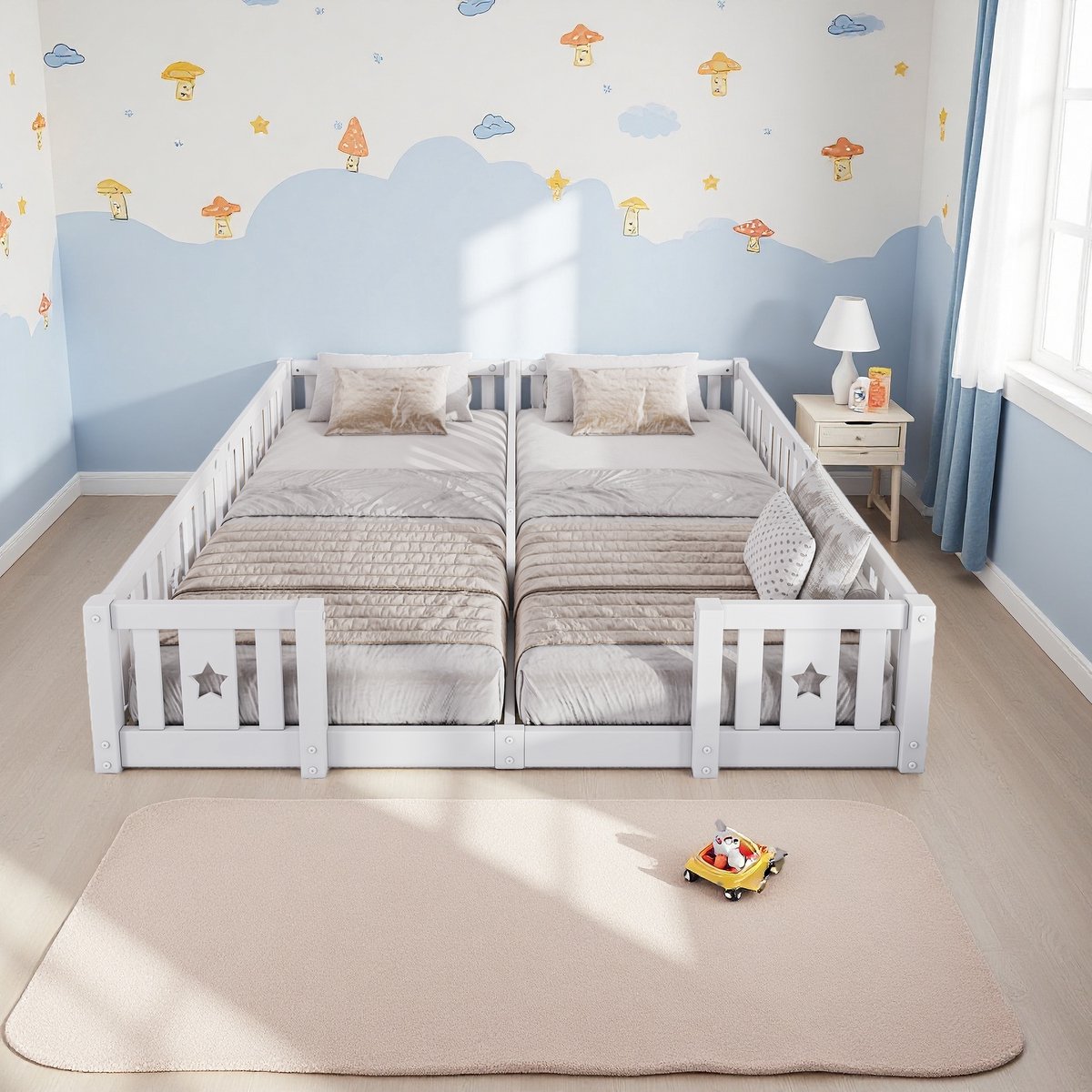 ROSAHQNDA Kinderbed 90 x 200 cm met zijrail, eenpersoonsbedframe met lattenbodem (zonder matras), voor gezinnen met twee kinderen, grenenhout, minimalistische stijl, wit Wit met lattenbodem