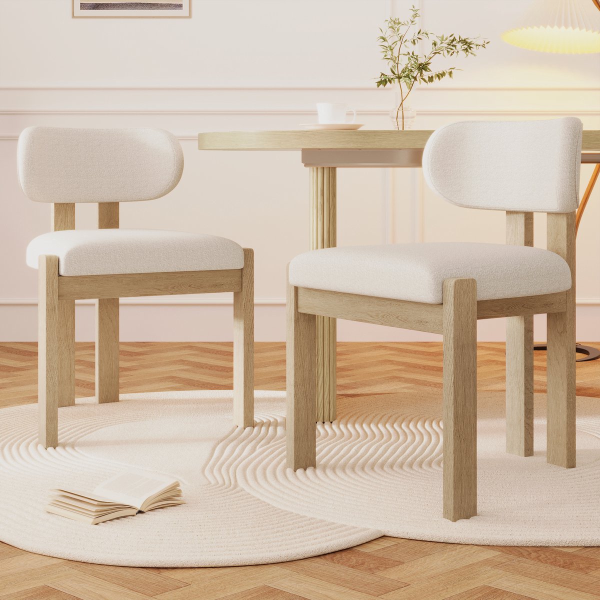 Eetkamerstoel - Set van 2 - Modern en Ademend - Massief Houten Poten - Bouclé - Naturel
