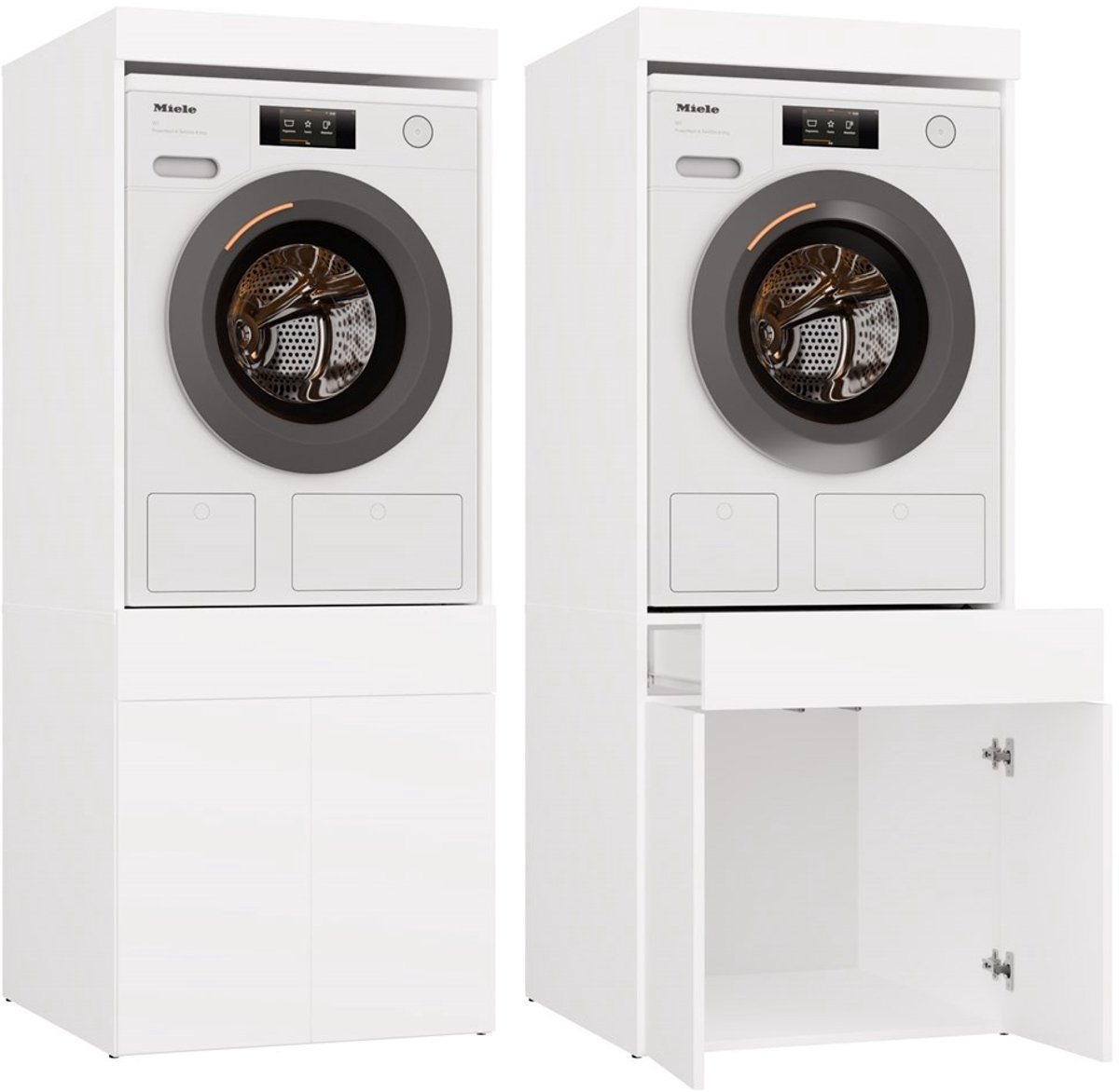 Wasmachine en wasdroger kast met lades wit