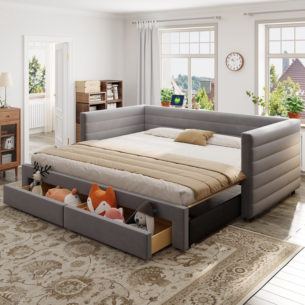 Sweiko Gestoffeerd bed - 90/180 x 190 cm - Uitschuifbare slaapbank - 2 lades - Linnen stof - Grijs