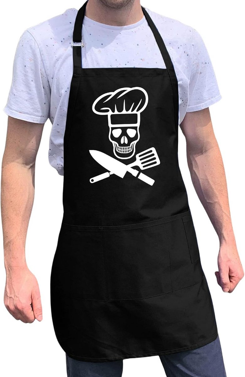 Grappig BBQ Schort met Schedel Design - Keukenschort voor Heren met Grote Zakken
