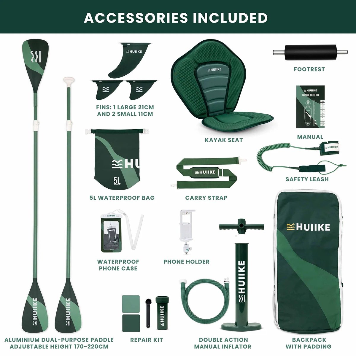 HUIIKE SUP Board - Opblaasbaar Paddle Board met Accessoires, Peddel, Vinnen, Pomp - Stand Up Paddle met Hoge Stabiliteit - 305 x 84 x 15 cm - Max. 130 kg – foto 2