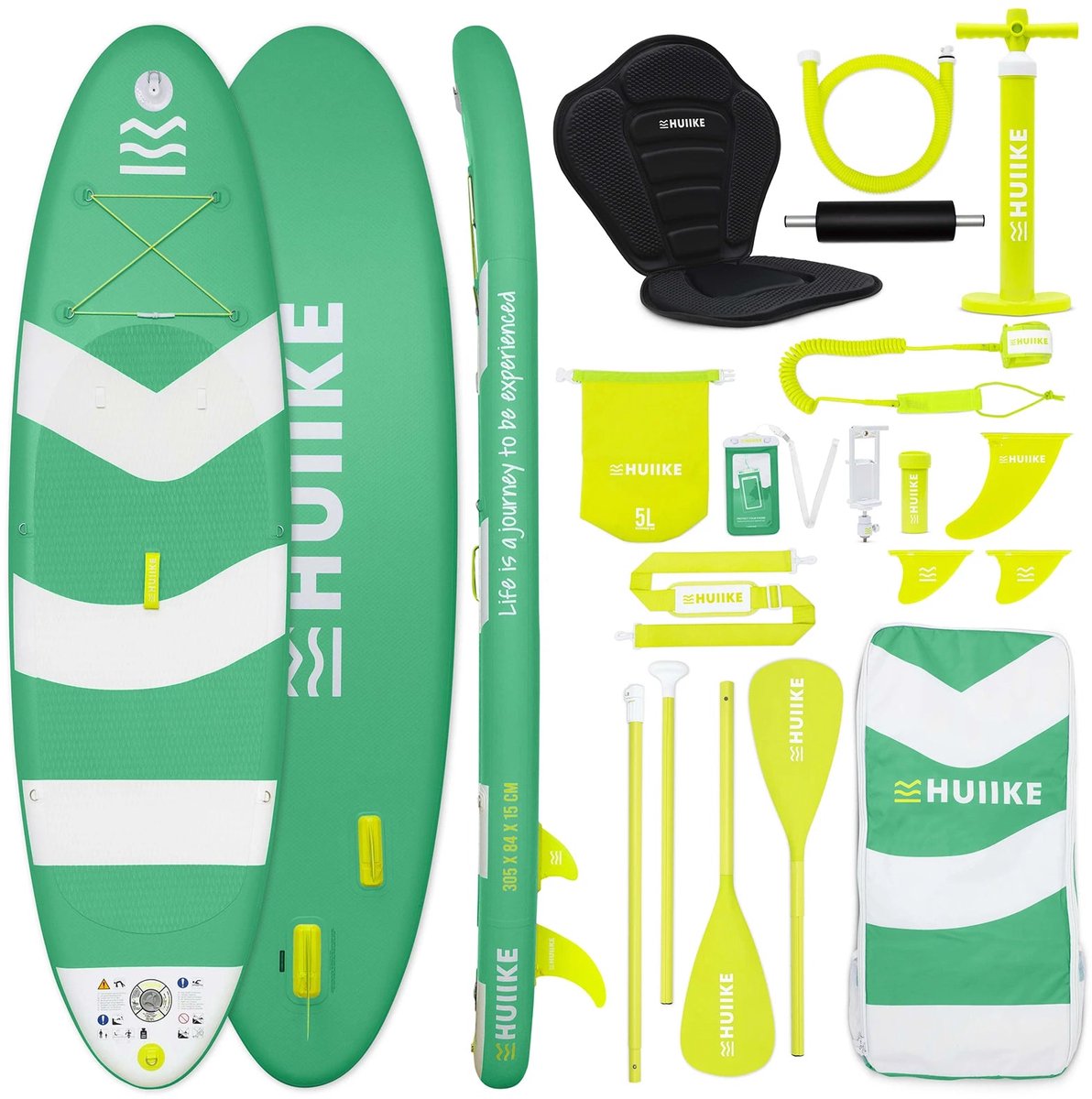 HUIIKE SUP Board - Opblaasbaar Paddle Board met Accessoires, Peddel, Vinnen, Pomp - Stand Up Paddle met Hoge Stabiliteit - 305 x 84 x 15 cm - Max. 130 kg