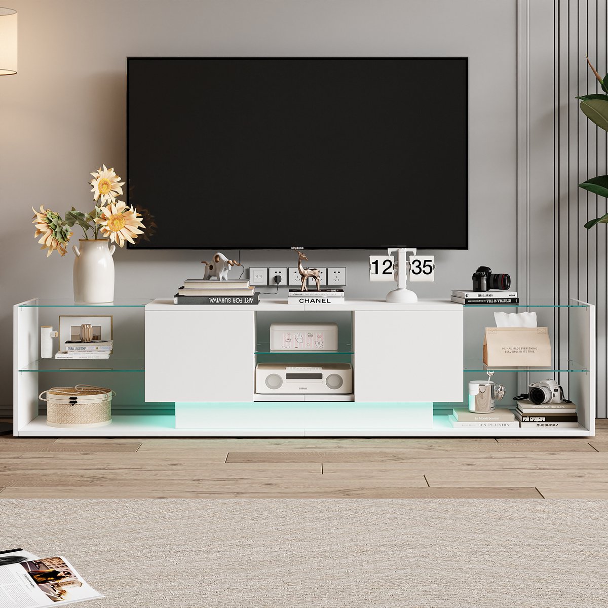 Modern LED tv-meubel met zwevend design, 200 cm breed en indirecte verlichting voor de woonkamer, wit
