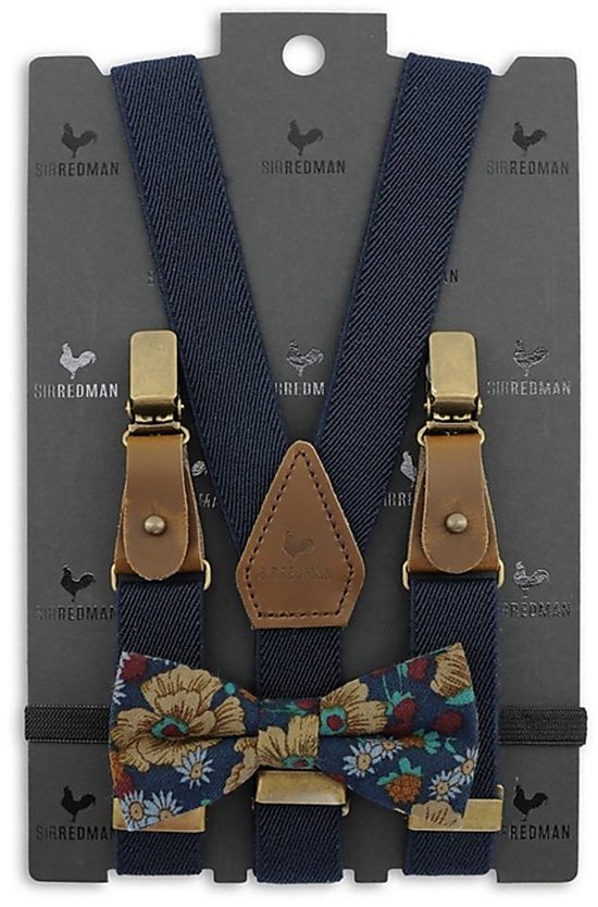 Blauwe bretels met bruine leren details en een strik met bloemenprint.