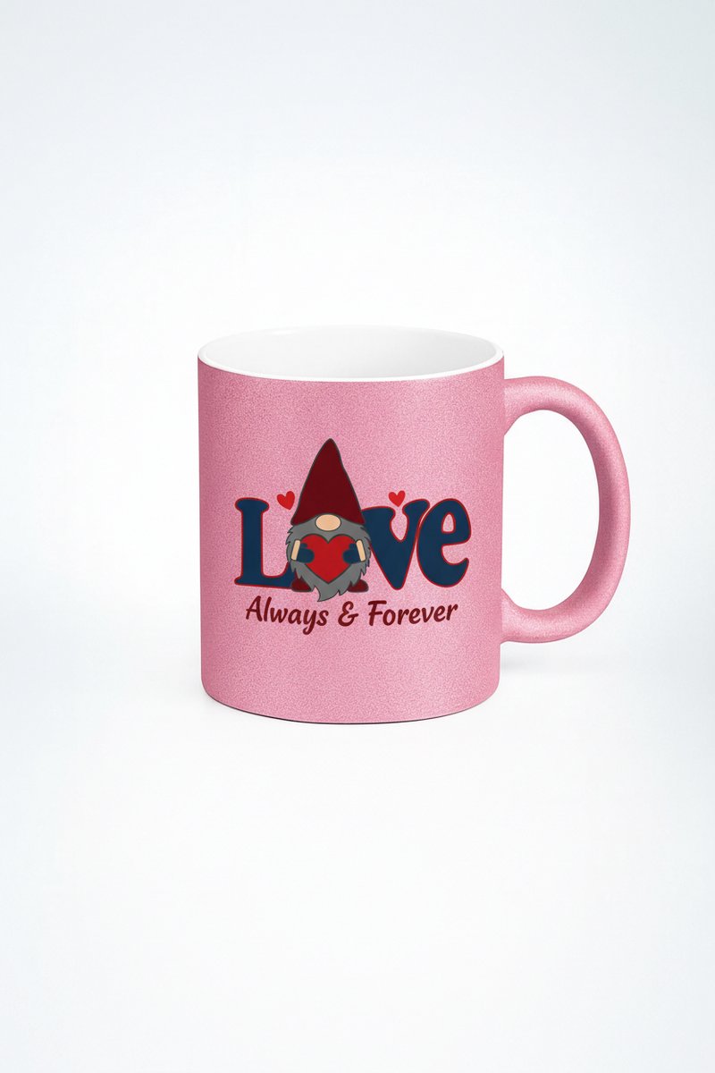 Roze Glitter Mok met 'Love Always & Forever' en Kabouter - Valentijnsdag Cadeau