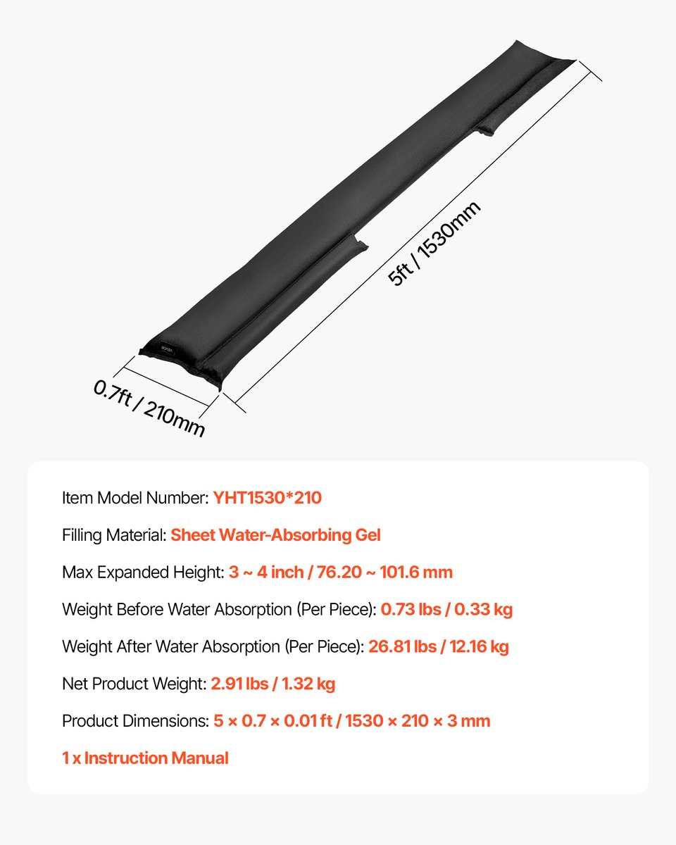 VEVOR Zandzakken (zandvrij) Set van 4 (1533 x 21 cm) Waterkering, herbruikbare waterkeringzakken voor huis, deur, kelder, garage, waterkeringzakken, waterkering