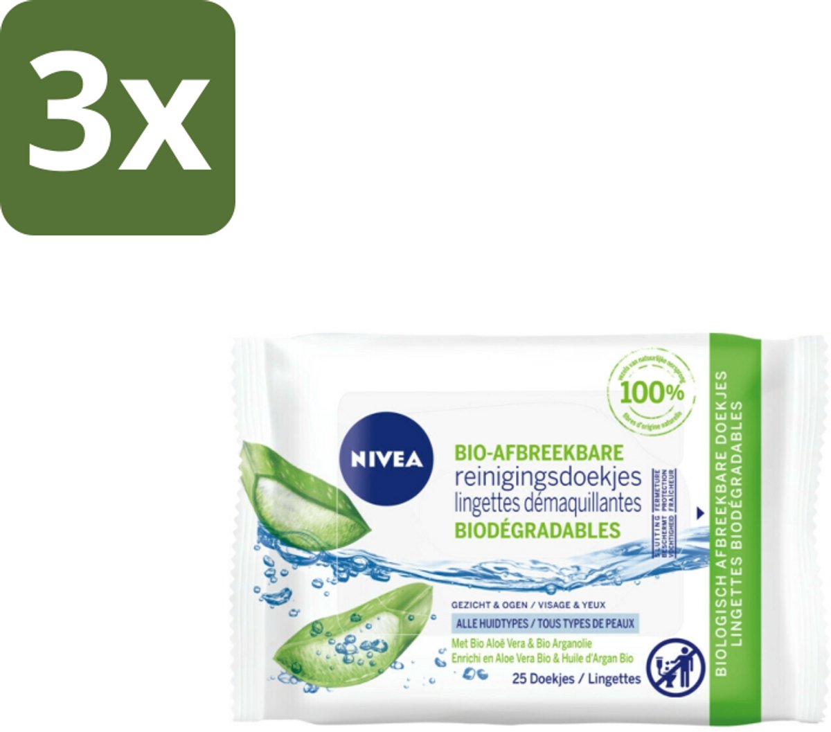 Nivea – Reinigingsdoekjes – Bio Aloe Vera – 25 Doekjes - Bulkverpakking - 3 stuks