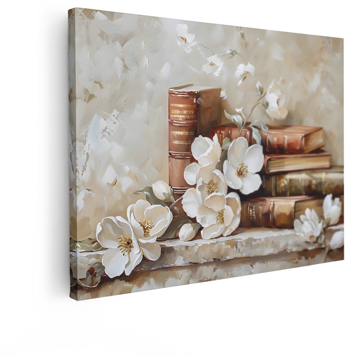 Artaza Canvas Schilderij Bloemen Stilleven - 40x30 cm - Wanddecoratie Oude Boeken - Muurdecoratie Olieverf - Schilderijen Op Canvas Vintage