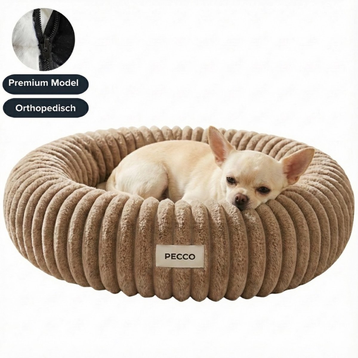 Pecco Luxe mand voor hond en kat - Orthopedische kattenmand - Rond 50 cm - Beige rib