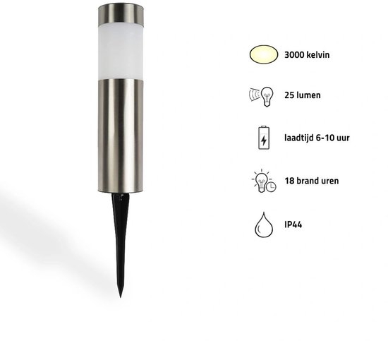 RVS solar tuinlamp met afmetingen en specificaties: 3000 kelvin, 25 lumen, IP44.