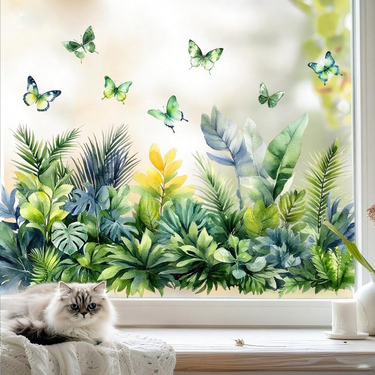 Statische raamfolie, zomerraamfolie, muursticker met matglaseffect, slagvast realistisch bloemenpatroon, verwijderbaar bladpatroon zonder resten, dubbelzijdig vlinderpatroon, voor huis- en kantoordecoratie (2 stuks)|Cyslmuk®