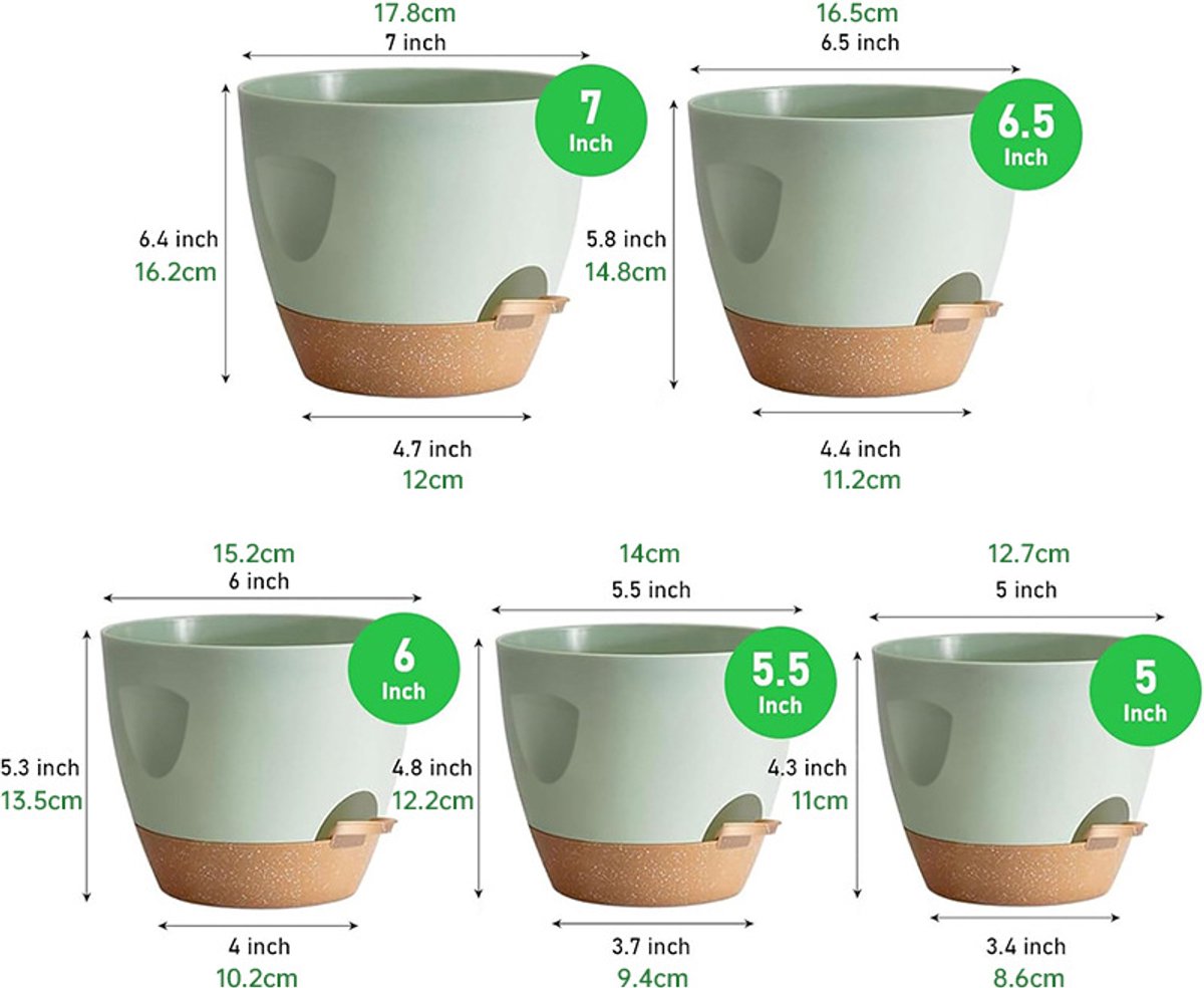 Bloempotten voor binnen, 7/6,5/6/5,5/5 inch, zelfwaterende plantenbakken met drainagegat, plastic bloempotten voor vetplanten, Afrikaans viooltje (groen) — cadeau in Wonen & Interieur - foto 4