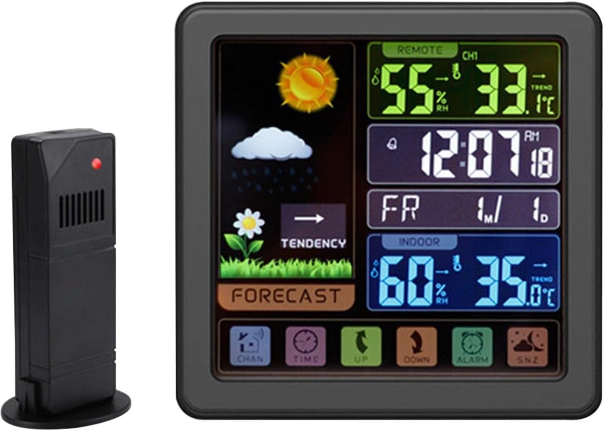 Weerstation Klok - Digitale Thermometer - Binnen en Buiten - Kleurenscherm Weersvoorspelling - 13.5x13.5x3cm - Houtnerf