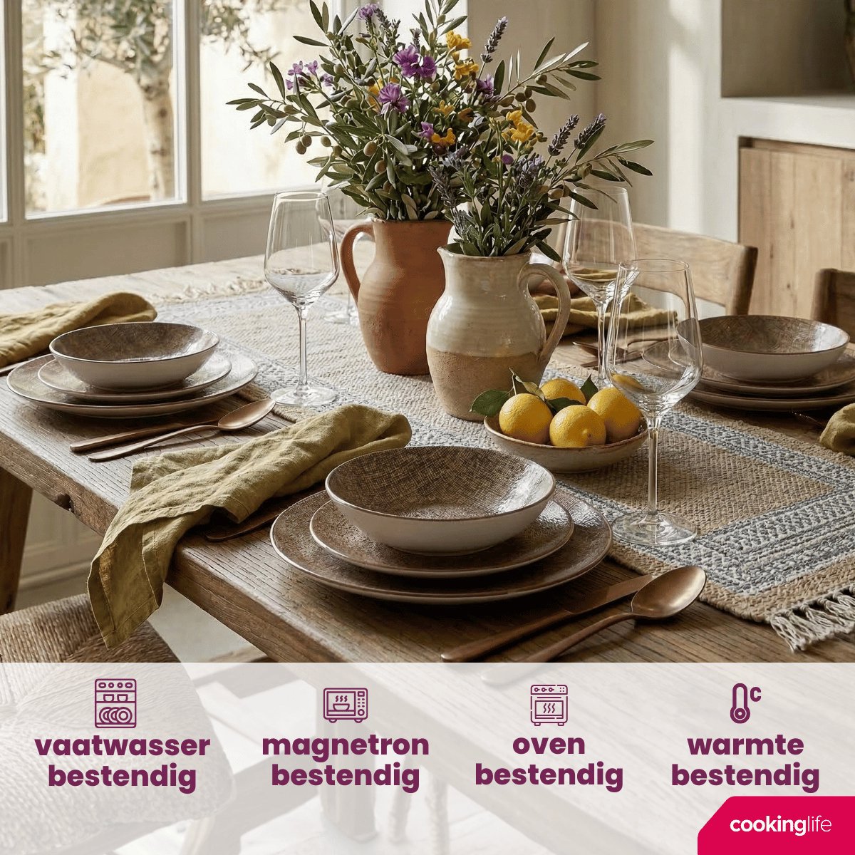 Cookinglife Serviesset Tela Bruin 12-delig - Servies Set 4 Personen - Modern Design Porselein - Vaatwasser- & Magnetronbestendig — afbeelding 2