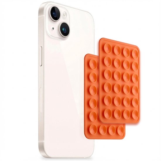 Un autocollant à ventouse orange avec 24 ventouses à côté d'un iPhone blanc.