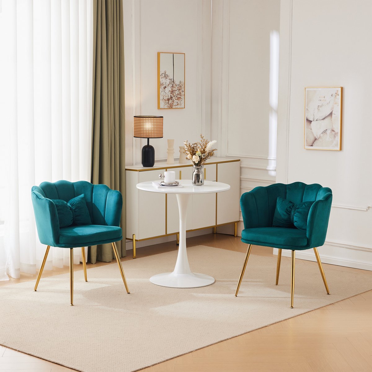 MODFU - Stoel - Bloemblad-Rugleuning - Ergonomisch - Modern - Voor Woonkamer Of Eetkamer - Fluweel - Groen