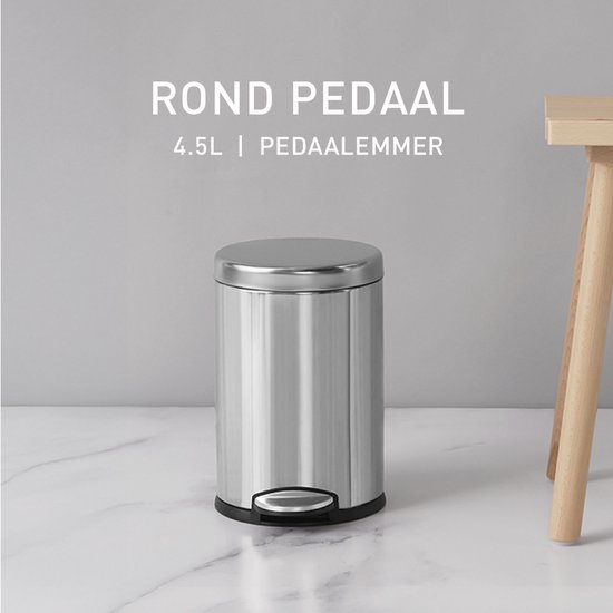 Ronde zilverkleurige prullenbak van geborsteld roestvrij staal, 4.5L