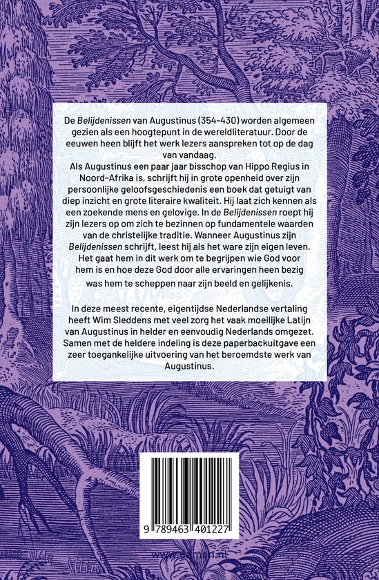 Boekomslag van 'Augustinus Belijdenissen' in paars en roze met gedetailleerde illustraties en tekst.