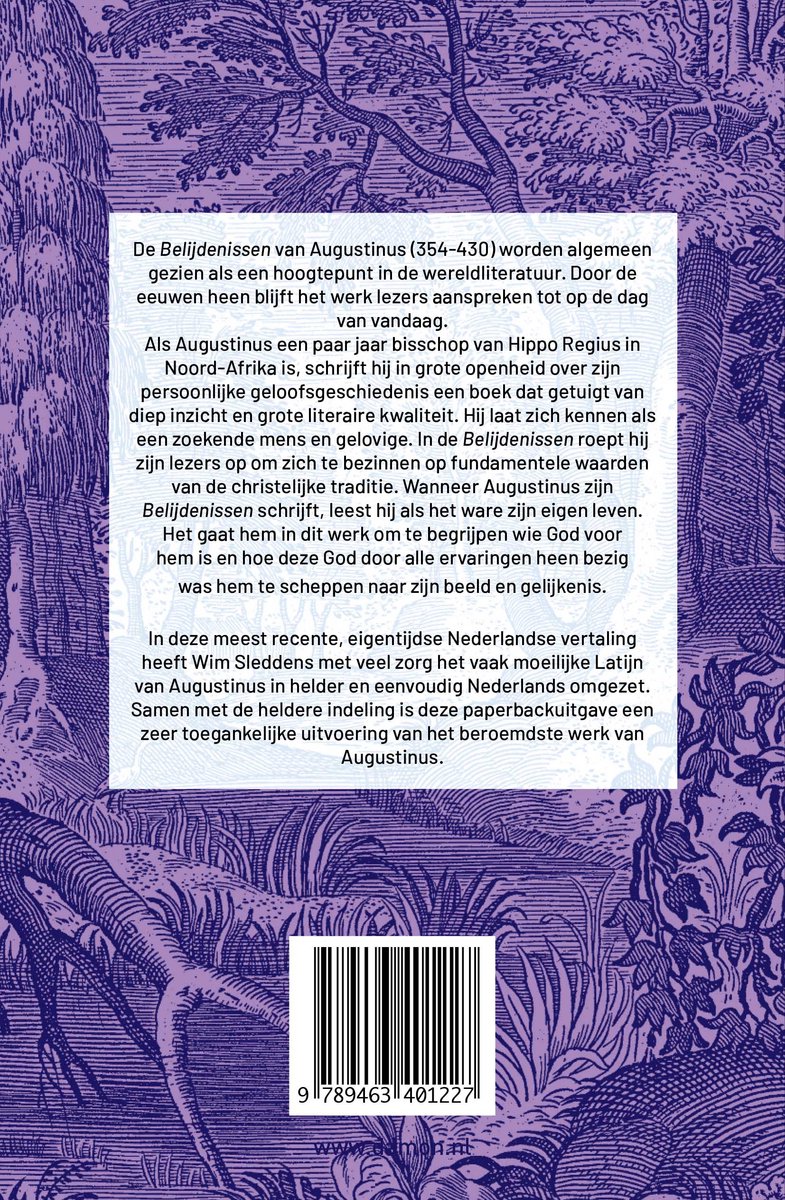 Boekomslag van 'Augustinus Belijdenissen' in paars en roze met gedetailleerde illustraties en tekst.