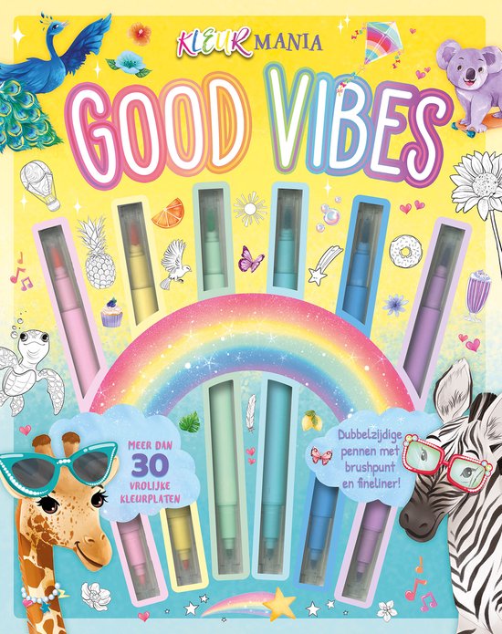 Titel 'Good Vibes' met een regenboog, pennen, en de tekst 'Meer dan 30 vrolijke kleurplaten.'