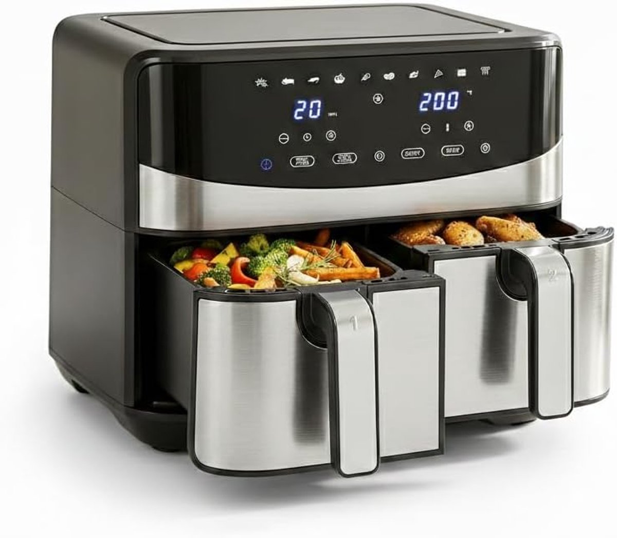 Heteluchtfriteuse Dubbele Mand - Luchtfriteuse Airfryer - Gezinsmaaltijden Bereiden - Dubbele Kamer Technologie - 8 Liter Capaciteit - Zwart Zilver