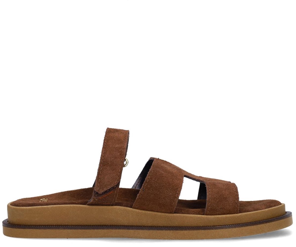 Manfield - Dames - Bruine suède slippers met bandje - Maat 38